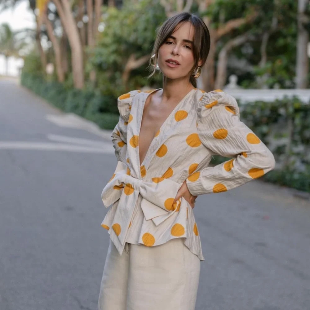 Zara Cream Peplum Top with Mustard Polka Dots
